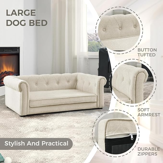 Dog Sofa Couch for Medium Dogs, 31" Memory Foam Dog Couch with Washable Fabric, Removable Cushion, Sofa Bed for Medium Dogs, Beige
