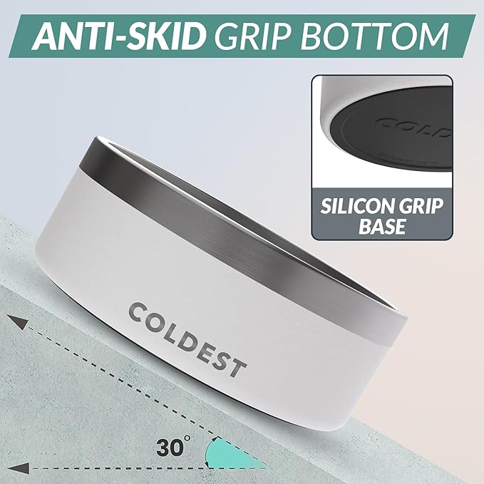 Coldest Dog Bowl - Anti Rust Metal, Non Slip, 3 Layers Insulated Stainless Steel Dog Bowls - Spill Proof & Heavy Duty - Water Bowl for Dogs, Cats & Pets, Dish Washer Safe (64 oz, Epic White)
