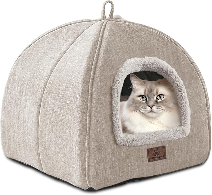 WINDRACING Cat Bed for Indoor Cats - Cat Cave Cat House Cats Tent with Removable Washable Cushioned Pillow, Soft and Self Kitten beds (Large, Beige)