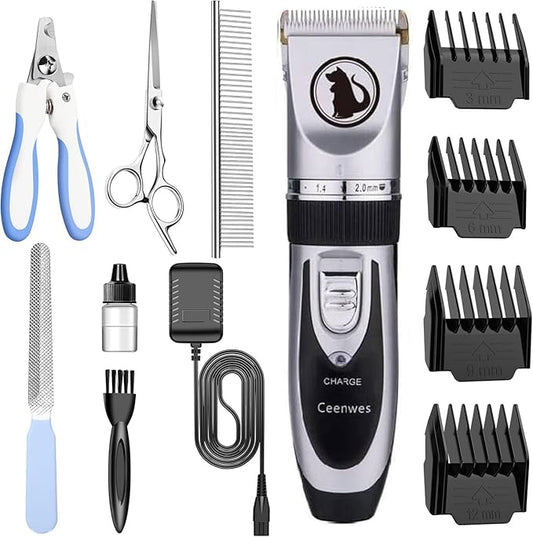 Ceenwes Dog Clippers with Storage Case, Low Noise Pet Clippers, Rechargeable Trimmer, Cordless Grooming Tool, Professional Hair Trimmer for Dogs, Cats & Others, Silver