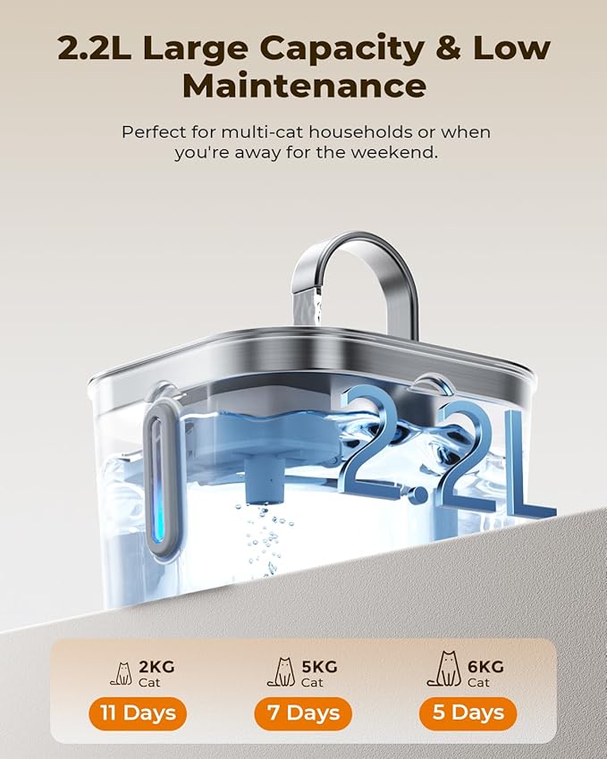 Cat Water Fountain Stainless Steel: 74oz/2.2L Cat Fountain for Drinking | Quiet Cats Water Bowl Dispenser | Pet Water Fountain for Cats Inside | Easy-to-Clean Kitty Drinking Fountains for Small Pets