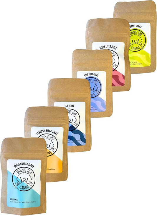 Winnie Lou Organic Healthy Dog Treats – All Natural Dog Jerky Treats Made in USA with Organic Ingredients from Colorado Farms – for Small, Medium, Large Dogs - 6 Sample Packs, 2 Treats Per Pack
