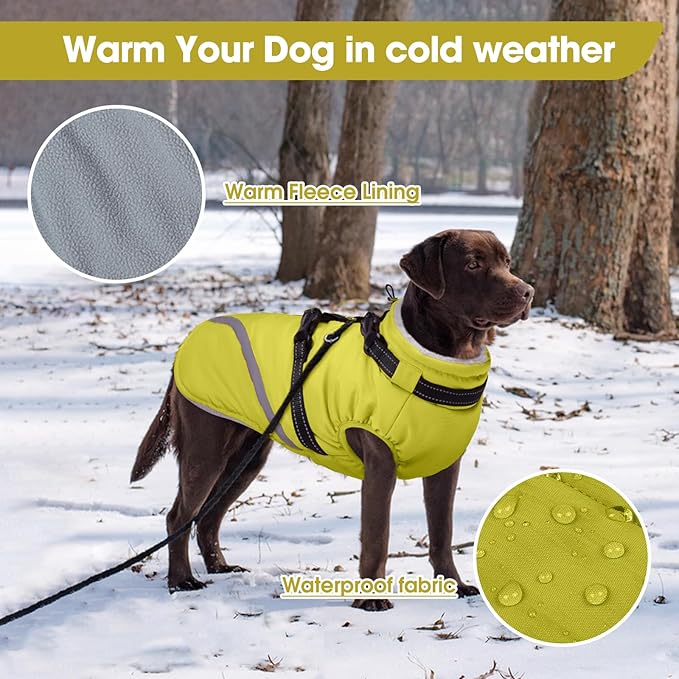 BRKURLEG Dog Winter Jackets for Medium Dogs, Dog Coat with Harness Built in, Dogs Snowsuits with Zipper, Waterproof Windproof Pet Puffer Jacket Fleece Vest for Beagle, Pug, Green L
