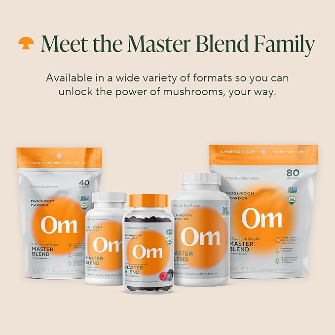 OM Mushrooms Master Blend Mushroom Powder – Organic Mushroom Supplement with 10 Mushrooms and Ashwagandha - Support Immunity, Gut Health & Stress Relief, 6.34 oz (80 Servings)