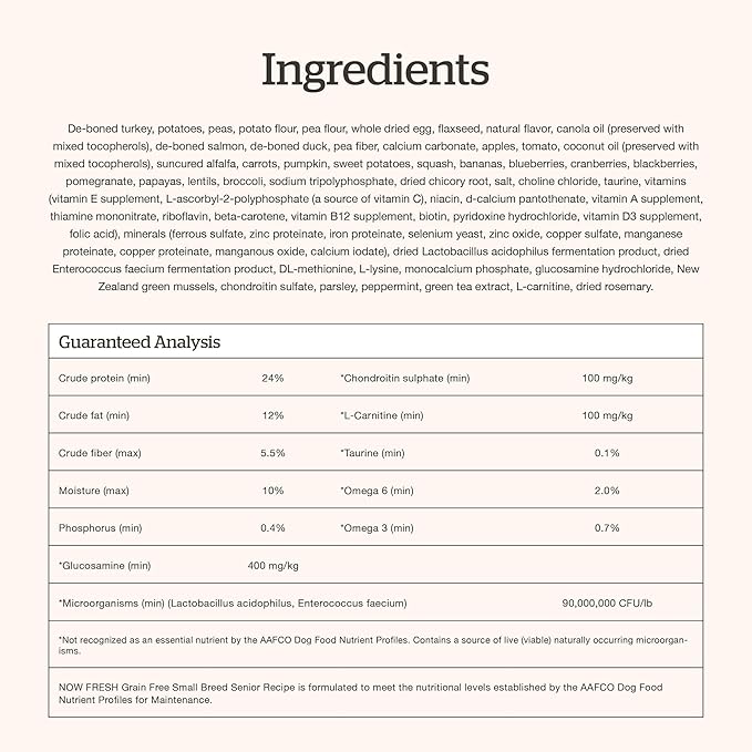 Now Fresh Grain-Free Small Breed Senior Dry Dog Food with Turkey, Salmon & Duck, Premium Kibble Made with Real Meat & Fish, Chicken-Free, Added Glucosamine & Chondroitin for Healthy Joints, 6 lb Bag