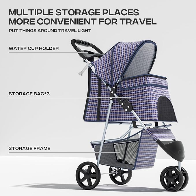 Cat Dog Stroller,3-Wheels Pet Stroller for Medium/Puppy Dogs 30 Lbs, Cat Strollers for 1 Cats, Foldable Dog Stroller with Storage Basket and Cup Holder, Breathable Mesh Plaid