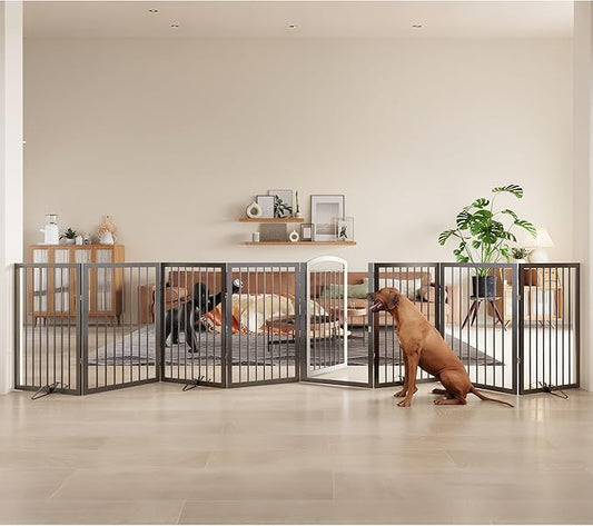 JSB 192-inch Extra Wide 30-inch Tall Dog gate with Door Walk Through,Full Matel Freestanding Round Tube Pet Gate for Halls Stairs, Puppy Safety Dog Fence with 4PCS Support Feet (Black)