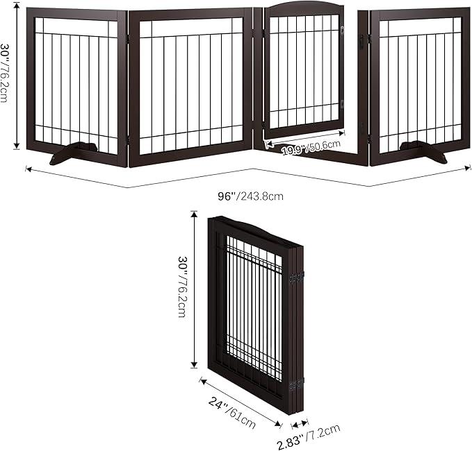 Vantas Folding Pet Gate 96" Wide, 30" Tall No-Assembly Wooden Dog Gate with Door Walk Through, Freestanding Wire Pet Gate, Pet Puppy Safety Fence, with 2PCS Support – Espresso