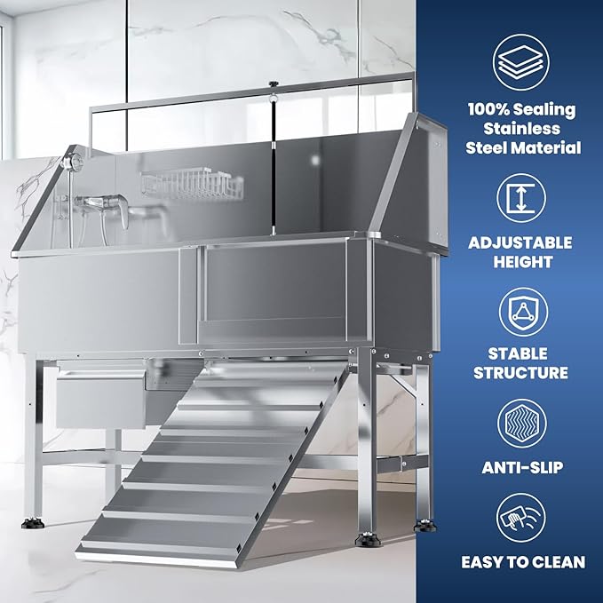 46" Dog Washing Station for Home,Stainless Steel Professional Dog Bathing Station Height Adjustable D og Grooming Tub Ramp, Drawer, Floor Grate & Fauct (R Ramp)