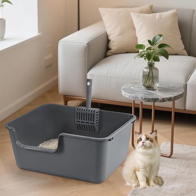 4 Packs Plastic High Wall Cat Litter Box with Scoop, Open Top Cat Litter Basin, Gray