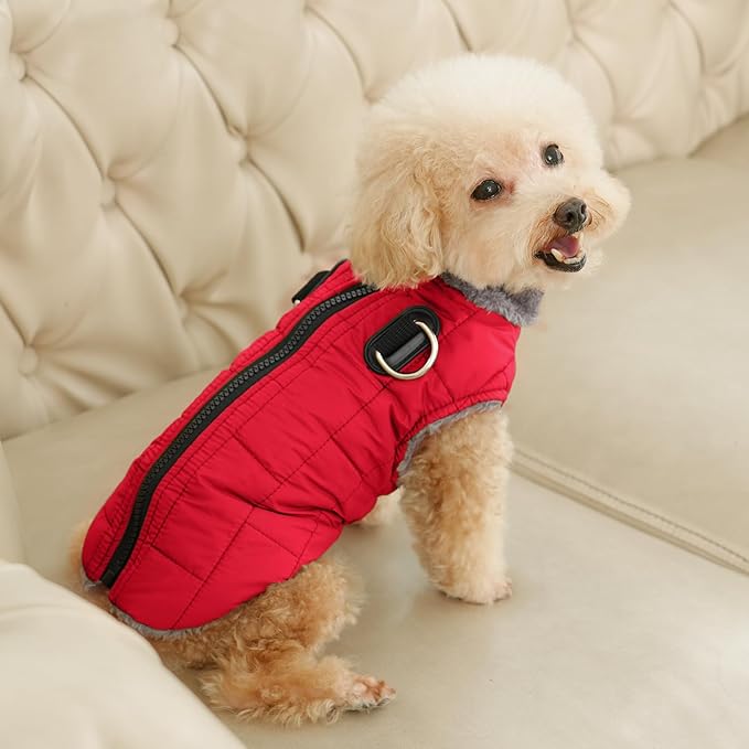 Warm Fleece Dog Coats with Durable Harness Buitl in D-Ring,Waterproof Doggie Jacket for Medium Dogs,Dog Vest for Cold Winter,Red L