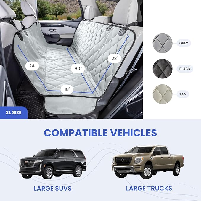 4Knines Dog Backseat Cover with Hammock for Cars, SUVs, and Trucks – Waterproof Layers, Nonslip Seat Protector, Durable Nylon Clips, K9 Shield with Heavy Duty Thread, (Extra Large, Grey)
