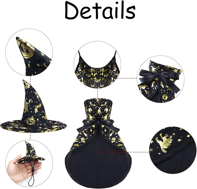 Frienda 2 Pieces Halloween Cat Costume Funny Wick Pet Vampire Cloak Witch Cape and Hat for Kitten Puppy Small Cat Dog Cosplay Halloween Party Supplies(Glitter Pumpkins)