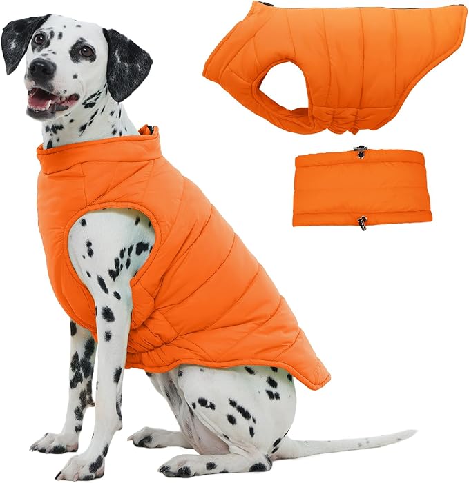 Large Dog Winter Coat with Back Zipper & Detachable Scarf, Waterproof Warm Dog Snow Jacket, Dogs Puffer Vest for Golden Retriever, German Shepherd, Orange 2XL