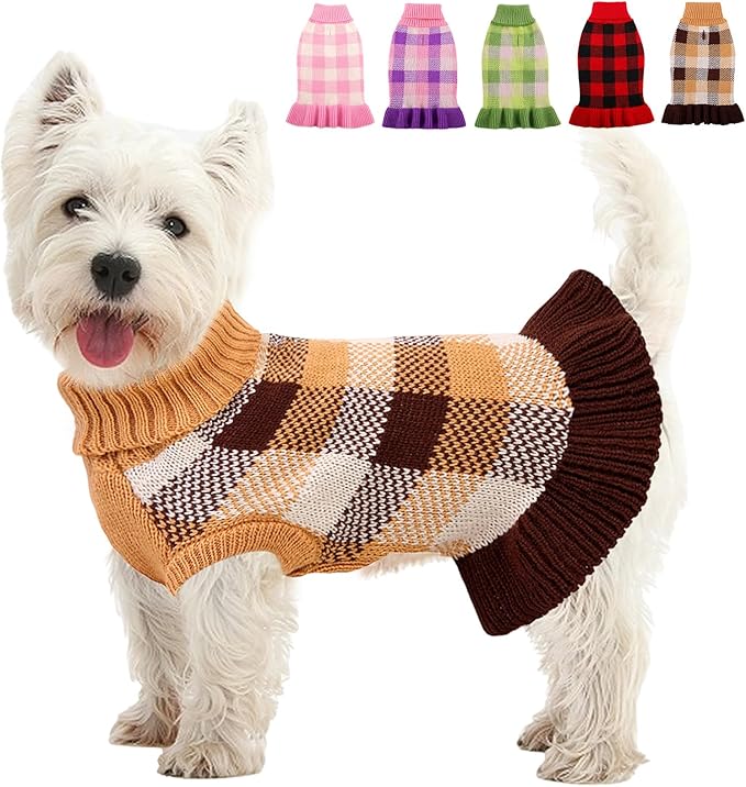 Dog Sweater Dress Plaid Knitwear for Small Medium Dogs Warm Puppy Pet Turtleneck Stretch Pullover Cute Fall Winter Vest Clothes with Leash Hole for Christmas (Coffee, XS)