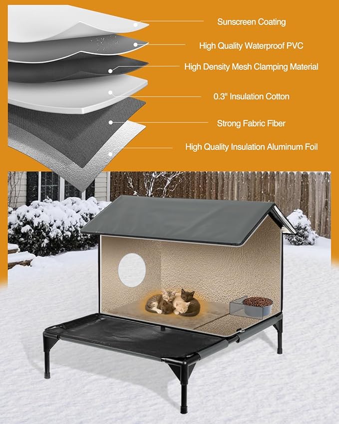 Heated Cat House for Outside,More Platform Space,Extremely Weatherproof & Insulated in Winter,Elevated Outdoor Cat Shelter with Eaves & Escape Door for Barn Feral Stray Cat(Dull Grey,Small)
