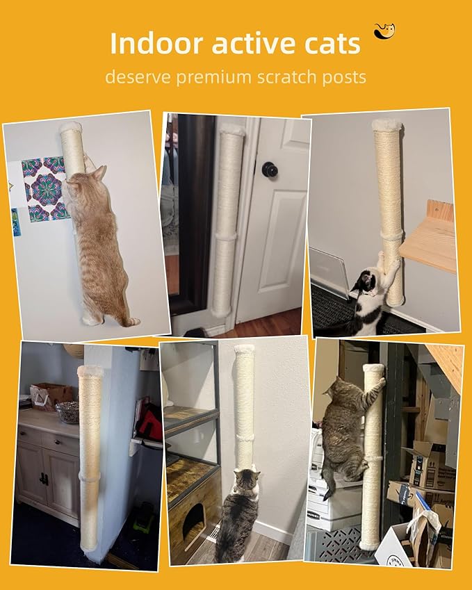 2-Pack 34-Inch Cat Wall Scratcher, Sturdy Sisal Wall Mounted Cat Scratching Posts for Indoor Large Adult Cats Climb Stretch Play
