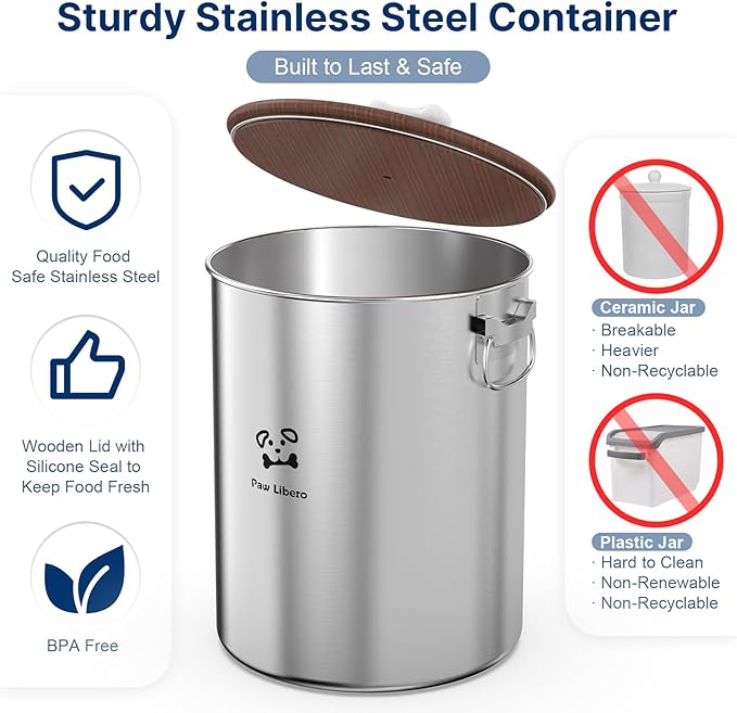2PK 25 Lbs total 50 Lbs Stainless Steel Dog Food Storage Container with Airtight Wooden Lid & Ceramic Bone Handle, Large Metal Dog Food Bin for Dogs & Cats, Keep Fresh, Easy to Clean
