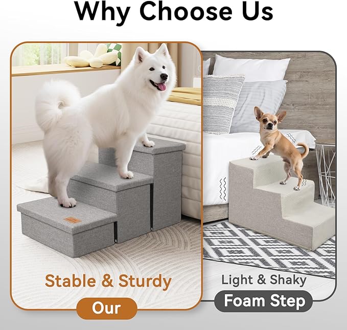 Wider Dog Stairs with Storage 18" H, 3-Step Sturdy Dog Steps for Large/Medium/Small Older Dogs Cats, Folding Pet Stairs Climbing Bed or Couch, Ramp for Car Up to 200 lbs (Gray, No Condo)
