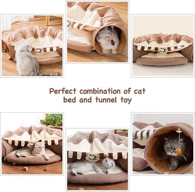 Cat Rabbit Tunnel Bed Nest for Cats Indoor, with Collapsible Washable Soft Cushion, Plush Ball and Exercise Wheel Tube, Fit for Puppy Bunny Kitty Kitten Ferret(2.Coffee)