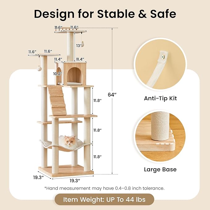 Modern Cat Tree - 64 inch Cat Tower for Indoor Cats, Multi-Level Cat Condo with 7 Fully Wrapped Scratching Posts, 2 Perches, Hammock, Removable Pad & Dangling Balls-Light Brown
