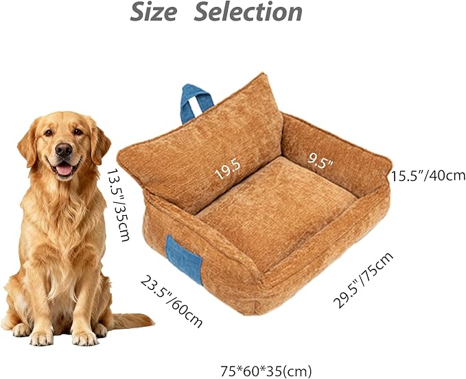 Large Orthopedic Dog Sofa Bed with Sides, Carry Handle & Side Pockets .Plush Chenille Orthopedic Pet Bed Couch for Large Dogs.Portable Snuggler for Indoor Use, Travel & Recovery(Orange)