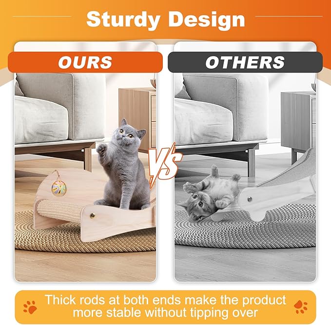 Oroonoko Cat Scratcher Bed for Indoor 2-in-1 Sisal Scratching Post & Hammock with Easy Assembly, Non-Tip Wood Base, Large Cat Bed & Scratch Pad (Fish Back)