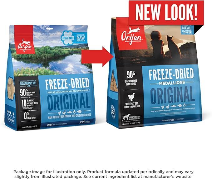 ORIJEN Grain Free High Protein Freeze Dried Dog Food & Topper Original Recipe 16oz Bag