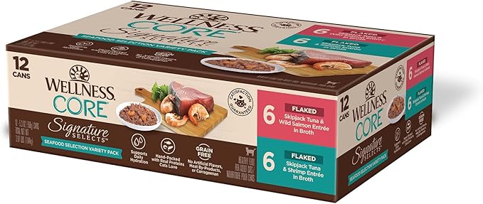 Wellness CORE Signature Selects Flaked Adult Wet Cat Food, Natural, Protein-Rich, Grain Free, 5.3 Ounce, 12 Pack (Seafood Variety Pack)