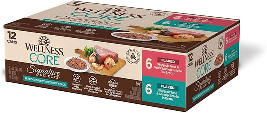 Wellness CORE Signature Selects Flaked Adult Wet Cat Food, Natural, Protein-Rich, Grain Free, 5.3 Ounce, 12 Pack (Seafood Variety Pack)