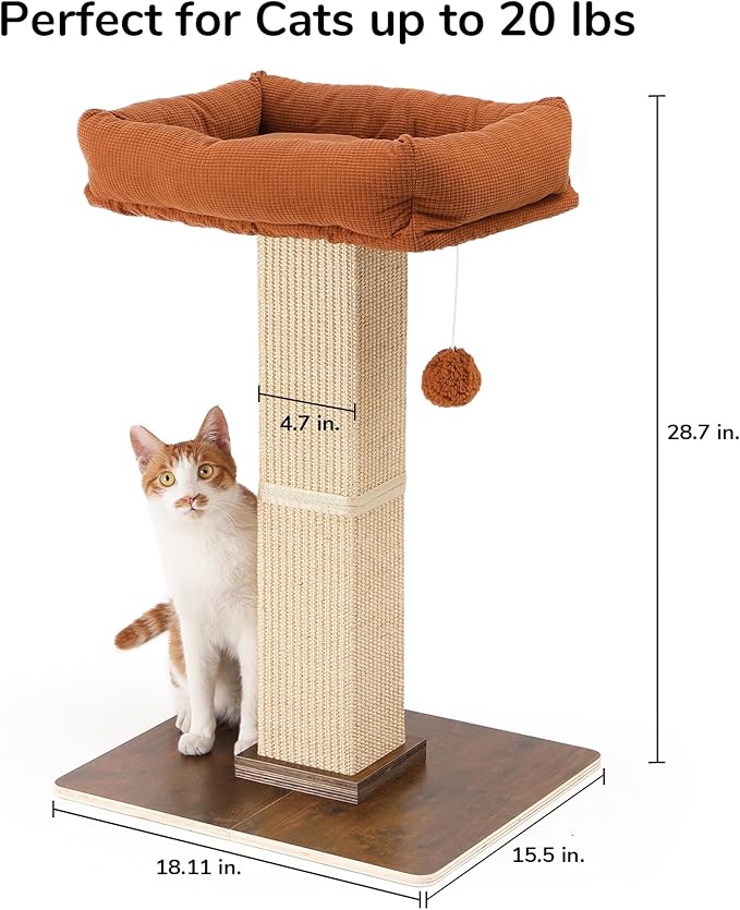 FUKUMARU Cat Scratching Post, Retro-Style Tall Scratch Posts with Perch for Infoor Cats Adults, Large Cat Scratcher Tower with Bed, Natural Sisal & Solid Wood
