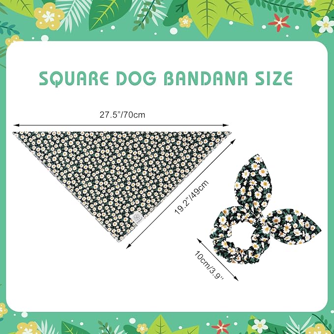 E-Clover Dog Bandanas & Matching Scrunchie Set Girl Dog Scarf Bibs with Bow Scrunchie for Medium Large Dogs Pet Owner Gifts Flower Black