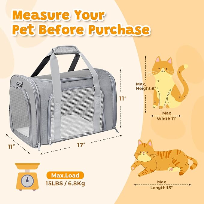 Airline Approved Pet Carrier 17"x11"x11" – Soft Sided Cat Dog Travel Bag for Small Pets up to 15 lbs, Portable Collapsible Pet Carrier Under Seat with Mesh Ventilation & Shoulder Strap (Grey)