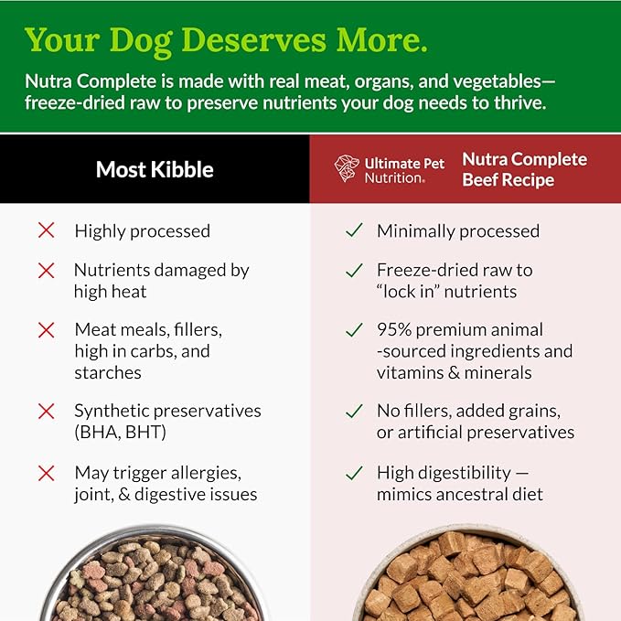 ULTIMATE PET NUTRITION Nutra Complete, 100% Freeze Dried Raw Veterinarian Formulated Dog Food with Antioxidants Prebiotics and Amino Acids (1 Pound, Beef)