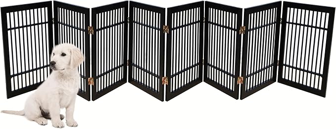 Pet Dog Gate Strong and Durable Freestanding Folding Acacia Hardwood Portable Wooden Fence Indoors or Outdoors by Urnporium (Black Pet Gate, 8 Panel 24" Tall)