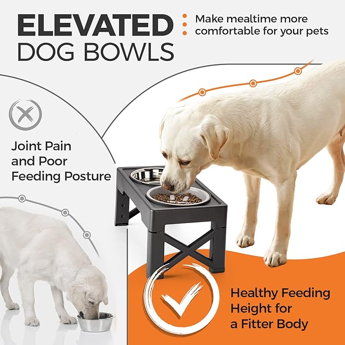 Elevated Dog Bowls with Slow Feeder, 4 Adjustable Heights Raised Dog Bowl Stand with Two 1.3L Stainless Steel Food & Water Bowls, Adjusts to 2.8”, 8.6”, 10.2”, 11.8” for Large Medium, Small Dog & Cats