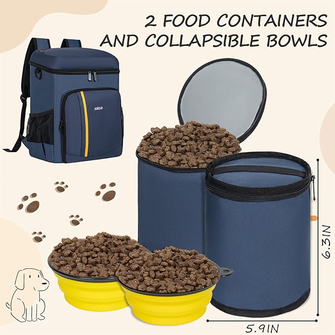 ANILD Dog Travel Backpack - Airline Approved Double-layer Pet Travel Backpack with 2 Food Storage Bag and 2 Foldable Silicone Bowls for Hiking & Camping