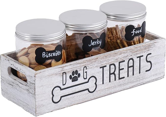 Dog Treat Container Cat Food Organizer with 3 Jars Pet Food Storage Containers Dog Treat Station Cat Treat Storage Farmhouse Decor Gift for Pet
