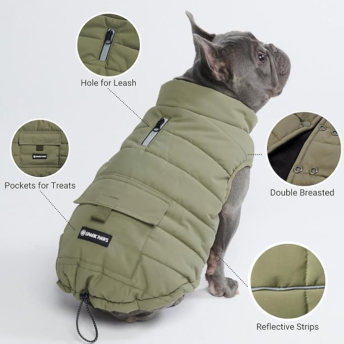 Spark Paws Dog Winter Jacket, Water-Resistant Coat, Warm Reflective Windproof Fleece-Interior, for Medium and Large Dogs - Olive - 3XL
