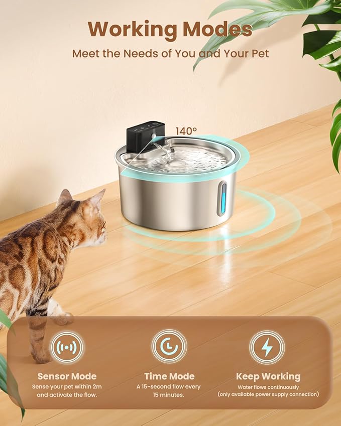 Wireless Cat Water Fountain Stainless Steel - 3.2L/108oz Cordless Pet Water Fountain Battery Operated Cats Water Dispenser Silent Rechargeable Automatic Fountain with 6 Filters 3 Sponges
