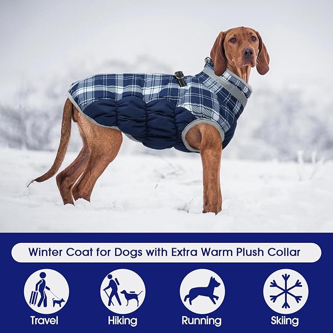 FUAMEY Dog Coat for Small Dogs,Waterproof Dog Winter Jacket with Harness Built in Puppy Cold Weather Coats Reflective Pet Vest with Zipper Warm Fleece Dogs Snowsuit Windproof Blue Plaid S