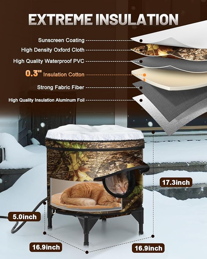 Heated Cat House for Outside,Metal Frame,Barrel Design,Extremely Weatherproof & Insulated in Winter,Elevated Outdoor Cat Shelter with Eaves & Escape Door for Feral Stray Barn Cat(Leaves,Large)