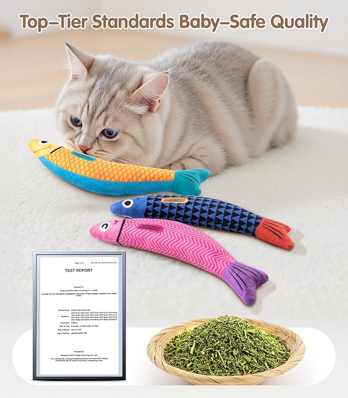 PetBusyInteractive Cat Toys with[5000mg Premium A+Catnip][Baby Grade] Soft Chew Kicker Cat Toys for Indoor Cats & Kittens, Crinkle &Rattle Fish Sound Toy, Drives Bored Cats Crazy with Fun,3 Pack