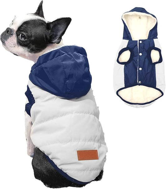 Fleece Lining Extra Warm Dog Hoodie in Winter,Small Dog Jacket Puppy Coats with Hooded,Beige and Blue XS