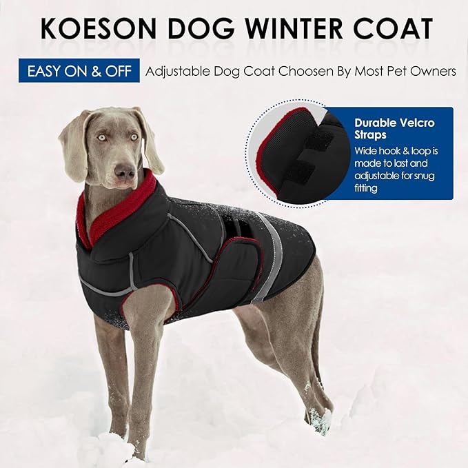 KOESON Dog Coat, Warm Dog Winter Jacket with Fleece Lining, Waterproof Pet Cold Weather Coats with Leash Hole, Adjustable & Reflective Snowsuit Sweater for Yorkshire, Schnauzer, Dachshund, Black S