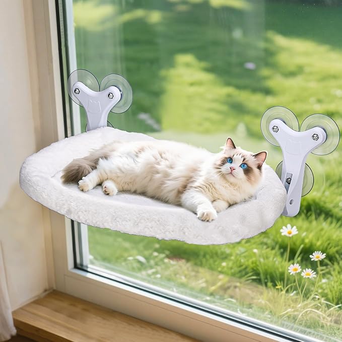 Cat Window Perch with 6 Strong Suction Cups,Includes Summer and Winter Removable Cushion - No Drill Installation,50LBS Support Foldable Cordless Cat Beds for Indoor Cats(Large)