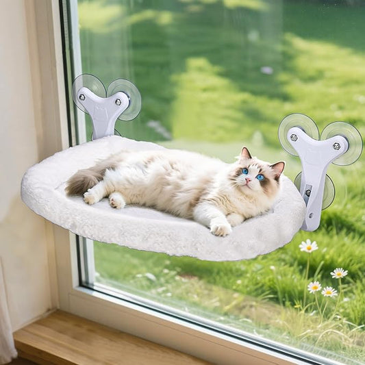 Cat Window Perch with 6 Strong Suction Cups,Includes Summer and Winter Removable Cushion - No Drill Installation,50LBS Support Foldable Cordless Cat Beds for Indoor Cats(Large)