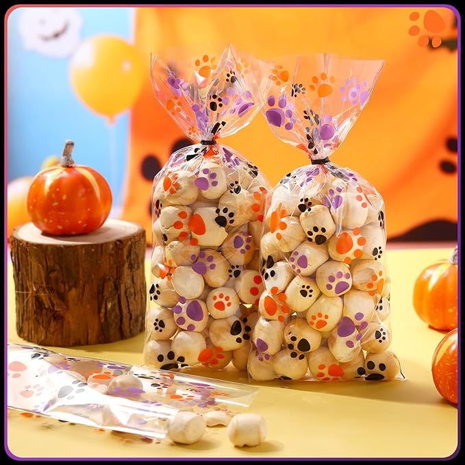 Blulu 100 Pieces Dog Treat Bags Puppy Party Favor Pet Paw Cone Cellophane Bags Candy Heat SealableDog Paw Gift with 100 Pieces Silver Twist Ties for Pet Cat Treat Party Favor(Orange, Black, Purple)