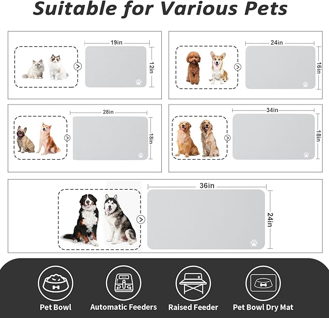 Pet Feeding Mat - Absorbent Dog Mat for Food and Water, No Stains Cat Bowl Mat, Easy to Clean Pet Placemats, Quick Dry Dog Water Dispenser Mat for Messy Drinkers | Paw Light Grey 18"x34"