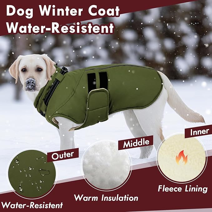 Dog Winter Coat with Harness, Warm Dog Jackets for Large Dogs Waterproof, Adjustable Hook&Loop Reflective Snowsuit, Cold Weather Coats for Dogs Labrador Doberman, XXXL Green